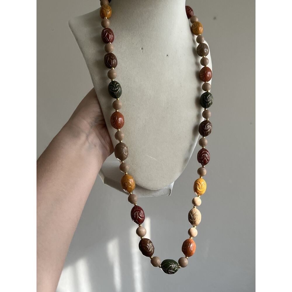 VTG Plastic Bead Necklace Multicolor Knotted Texture Earth Tone Beads Tribal
